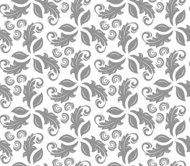 Çiçek vektör süsü. Kusursuz soyut klasik arka plan ve gümüş yapraklar. Çiçek elementlerinin tekrarlandığı desen. Duvar kağıdı ve ambalaj için süs