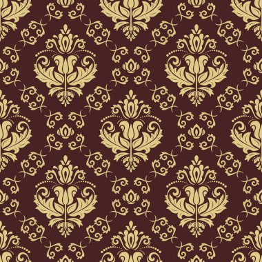 Klasik kusursuz vektör deseni. Damask oryantasyon süsü. Klasik klasik klasik arka plan. Kumaş, duvar kağıtları ve ambalaj için doğu kahverengi ve altın desen