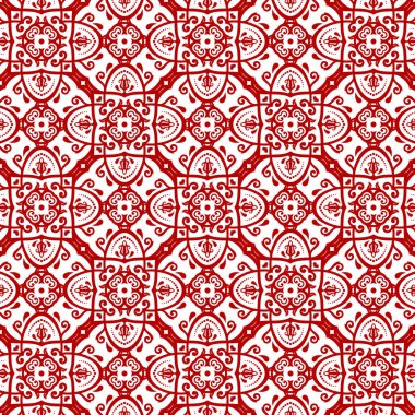 Klasik kusursuz vektör deseni. Damask oryantasyon süsü. Klasik kırmızı ve beyaz arka plan. Kumaş, duvar kâğıtları ve ambalaj için doğu deseni