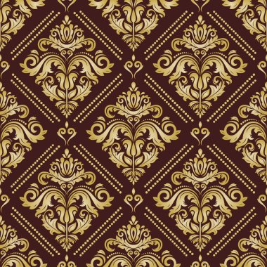 Klasik kahverengi ve kusursuz vektör deseni. Damask oryantasyon süsü. Klasik klasik klasik arka plan. Kumaş, duvar kâğıtları ve ambalaj için doğu deseni
