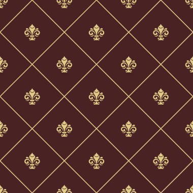 Kusursuz vektör kahverengi ve altın desenli. Kraliyet zambaklarıyla modern geometrik süs. Klasik arkaplan
