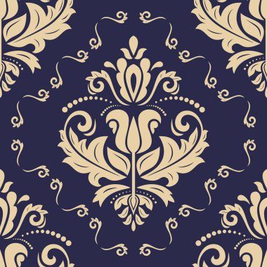 Klasik kusursuz vektör deseni. Damask oryantasyon süsü. Mavi ve altın klasik klasik arka plan. Kumaş, duvar kâğıtları ve ambalaj için doğu deseni