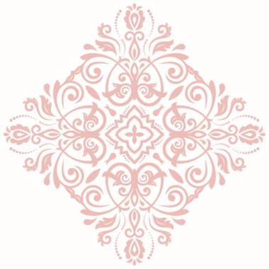 Arabesk ve çiçeklerle süslenmiş doğu vektör süsü. Pembe eşkenar dörtgenli geleneksel klasik süs. Arabesk ile klasik desen