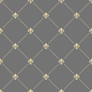Kusursuz vektör deseni. Kraliyet zambaklarıyla modern geometrik süs. Klasik gri ve sarı arkaplan