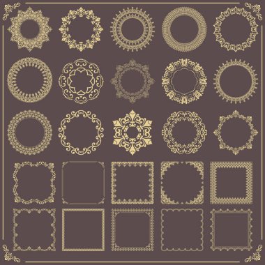 Eski tip vektör yuvarlak elementler. Tasarım çerçeveleri, kartlar, menüler, arka planlar ve monogramlar için farklı sarı elementler. Klasik şablonlar. Eski model dizileri