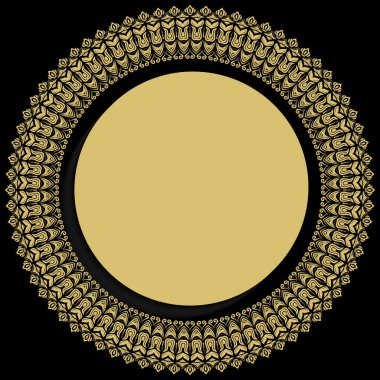 Yuvarlak vektör çerçeve çiçek öğeleri ve arabesk. Arabesk desenle. Siyah ve altın tebrik kartı