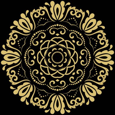 Arabesk ve çiçeklerle süslenmiş doğu vektör süsü. Geleneksel yuvarlak altın klasik süs. Arabesk ile klasik desen