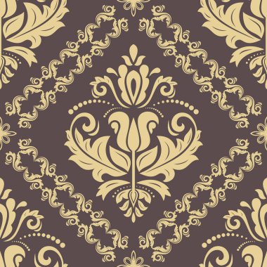 Klasik kusursuz vektör deseni. Damask oryantasyon süsü. Klasik esmer ve altın arkaplan. Kumaş, duvar kâğıtları ve ambalaj için doğu deseni