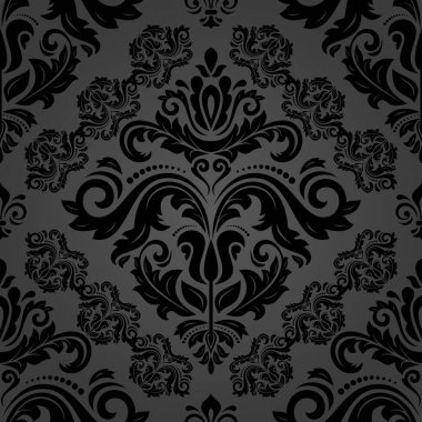 Klasik kusursuz vektör deseni. Damask 'a yönelik koyu renk süs. Klasik klasik eskimiş arka plan. Kumaş, duvar kâğıtları ve ambalaj için doğu deseni