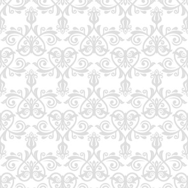 Klasik kusursuz vektör deseni. Damask yönlü açık gri ve beyaz süs. Klasik klasik klasik arka plan. Kumaş, duvar kâğıtları ve ambalaj için doğu deseni