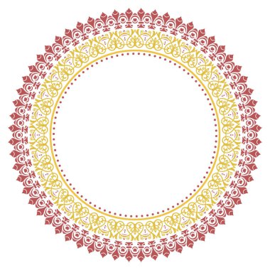 Arabesk ve çiçek elementleri içeren doğu vektör çerçevesi. Çiçek kırmızısı ve klasik desenli altın yuvarlak kenar. Metin için daire ve yer içeren tebrik kartı