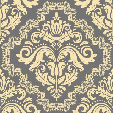 Klasik kusursuz vektör deseni. Damask oryantasyon süsü. Gri ve altın sarısı bir arka plan. Kumaş, duvar kâğıtları ve ambalaj için doğu deseni