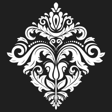 Arabesk ve çiçeklerle süslenmiş doğu vektör süsü. Beyaz eşkenar dörtgenli geleneksel klasik süs. Arabesk ile klasik desen