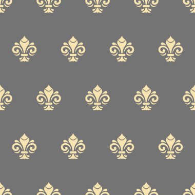 Kusursuz vektör deseni. Kraliyet zambaklarıyla modern gri ve altın geometrik süslemeler. Klasik arkaplan