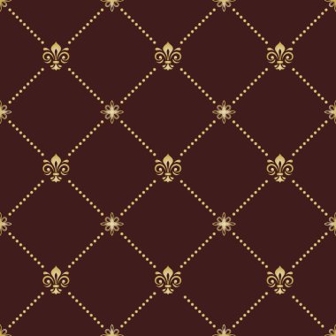 Kusursuz vektör deseni. Altın kraliyet zambaklarıyla modern geometrik süslemeler. Klasik arkaplan