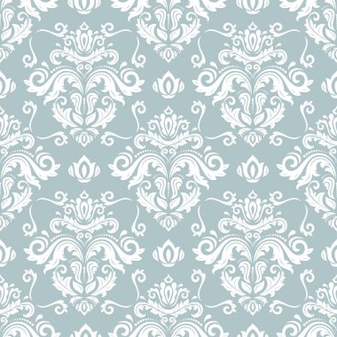 Orient vektörü açık mavi ve beyaz klasik model. Klasik elementlerle kusursuz soyut bir arkaplan. Oryantasyon düzeni. Duvar kağıtları ve ambalaj için süs