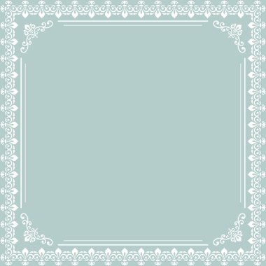 Arabesk ve yön elementleri olan klasik vektör klasik kare çerçeve. Yazı için yeri olan soyut bir süs. Klasik açık mavi ve beyaz desen