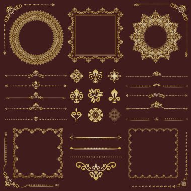 Kaliteli yatay vektör kümesi, kare ve yuvarlak altın elementler. Özgeçmiş, çerçeve ve monogram için elementler. Klasik şablonlar. Eski model dizileri