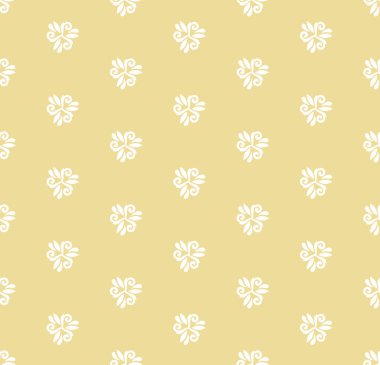 Çiçek taşıyıcı sarı ve beyaz süs. Beyaz çiçekli kusursuz soyut klasik arka plan. Çiçek elementlerinin tekrarlandığı desen. Duvar kağıdı ve ambalaj için süs