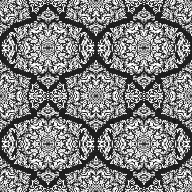 Klasik kusursuz vektör deseni. Damask siyah-beyaz oryantasyon süsü. Klasik koyu renkli arka plan. Kumaş, duvar kâğıtları ve ambalaj için doğu deseni