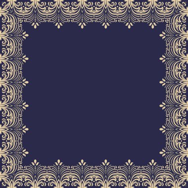 Klasik vektör vintage kare mavi ve altın çerçeveli arabesk ve oryantasyon elementleri. Yazı için yeri olan soyut bir süs. Eski model