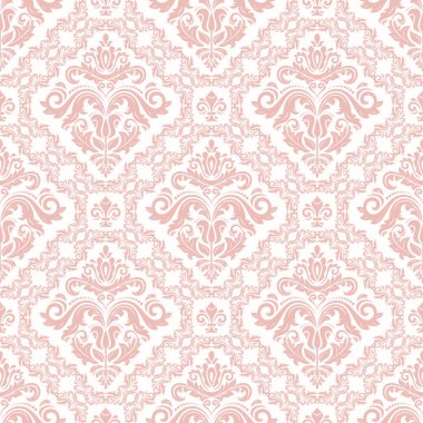 Orient vektörü klasik pembe ve beyaz desenli. Klasik elementlerle kusursuz soyut bir arkaplan. Oryantasyon düzeni. Duvar kağıtları ve ambalaj için süs
