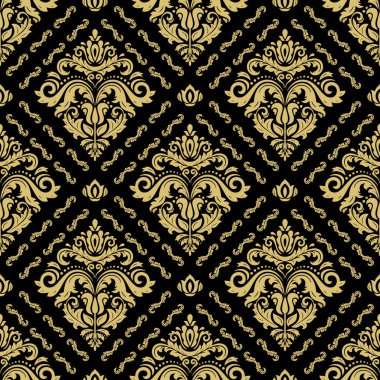 Orient vektörü klasik siyah ve altın desenli. Klasik elementlerle kusursuz soyut bir arkaplan. Oryantasyon düzeni. Duvar kağıtları ve ambalaj için süs
