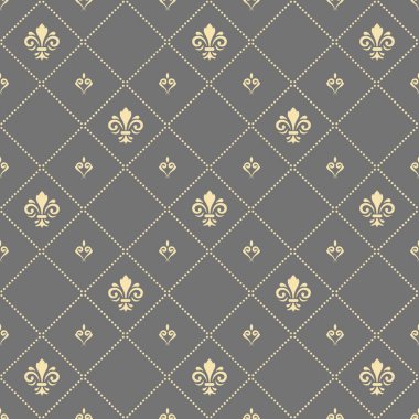 Seamless vector pattern. Modern grey and golden geometric ornament with royal lilies. Classic background
