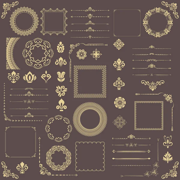 Vintage set of vector horizontal, square and round elements. Elements for backgrounds, frames and monograms. Classic patterns. Set of brown and golden patterns