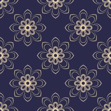 Floral vector ornament. Seamless abstract classic background with flowers. Pattern with blue and golden repeating floral elements. Ornament for wallpaper and packaging