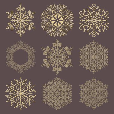 Set of vector golden snowflakes. Collection of winter ornaments. Snowflakes collection. Snowflakes for backgrounds and designs
