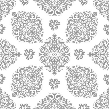 Orient vektörü klasik hafif gümüş desenli. Klasik elementlerle kusursuz soyut bir arkaplan. Oryantasyon düzeni. Duvar kağıtları ve ambalaj için süs