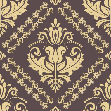 Orient vektörü klasik kahverengi ve altın desenli. Klasik elementlerle kusursuz soyut bir arkaplan. Oryantasyon düzeni. Duvar kağıtları ve ambalaj için süs