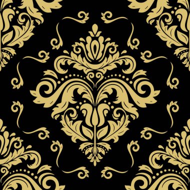 Klasik kusursuz vektör deseni. Damask oryantasyon siyah ve altın süs. Klasik klasik klasik arka plan. Kumaş, duvar kâğıtları ve ambalaj için doğu deseni