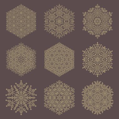 Bir dizi vektör kar taneleri. Kış süsü koleksiyonu. Kar taneleri kahverengi ve altın koleksiyonu. Arkaplan ve tasarımlar için kar taneleri