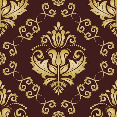 Klasik dikişsiz kahverengi ve altın vektör deseni. Damask oryantasyon süsü. Klasik klasik klasik arka plan. Kumaş, duvar kâğıtları ve ambalaj için doğu deseni