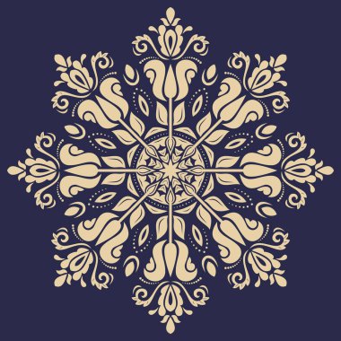 Arabesk ve çiçeklerle süslenmiş doğu vektör süsü. Geleneksel klasik lacivert ve altın süs. Arabesk ile klasik desen