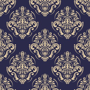 Klasik kusursuz vektör deseni. Damask oryantasyonu lacivert ve altın süs. Klasik klasik klasik arka plan. Kumaş, duvar kâğıtları ve ambalaj için doğu deseni