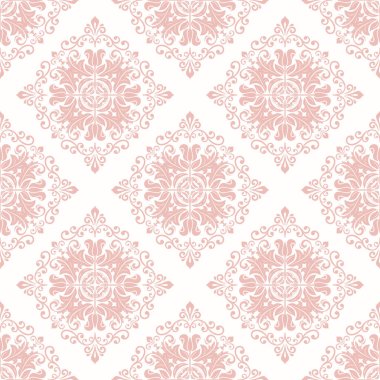 Klasik dikişsiz vektör ışığı pembe ve beyaz desen. Damask oryantasyon süsü. Klasik klasik klasik arka plan. Kumaş, duvar kâğıtları ve ambalaj için doğu deseni