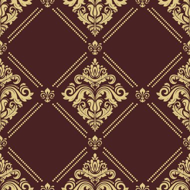 Klasik kusursuz vektör deseni. Damask oryantasyon kahverengi ve altın süs. Klasik klasik klasik arka plan. Kumaş, duvar kâğıtları ve ambalaj için doğu deseni