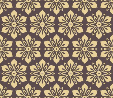 Çiçek vektör süsü. Kusursuz kahverengi ve çiçekli klasik arka plan. Çiçek elementlerinin tekrarlandığı desen. Duvar kağıdı ve ambalaj için süs