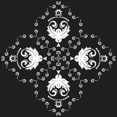 Arabesk kuşakları ve çiçekli siyah-beyaz elementlerle doğu vektör süslemesi. Geleneksel klasik süs. Arabesk ile klasik desen