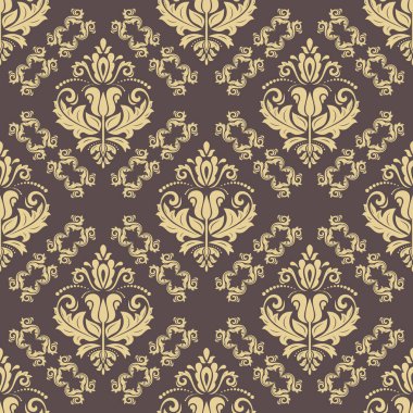 Klasik kusursuz vektör deseni. Damask oryantasyon kahverengi ve altın süs. Klasik klasik klasik arka plan. Kumaş, duvar kâğıtları ve ambalaj için doğu deseni