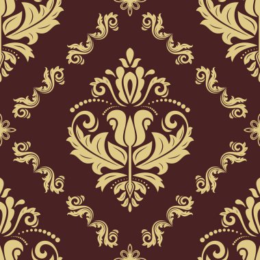 Klasik kusursuz vektör deseni. Damask oryantasyon süsü. Klasik esmer ve altın arkaplan. Kumaş, duvar kâğıtları ve ambalaj için doğu deseni