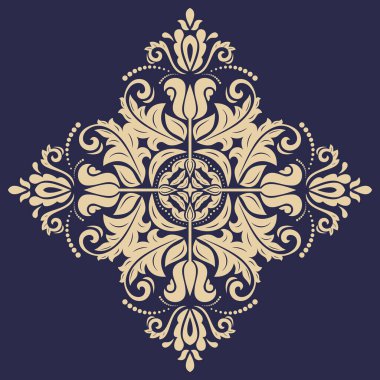 Arabesk ve çiçeklerle süslenmiş doğu vektör süsü. Geleneksel lacivert ve altın klasik süs. Arabesk ile klasik desen