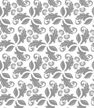 Çiçek taşıyıcı gri ve beyaz süs. Çiçekli kusursuz soyut klasik arka plan. Çiçek elementlerinin tekrarlandığı desen. Duvar kağıdı ve ambalaj için süs