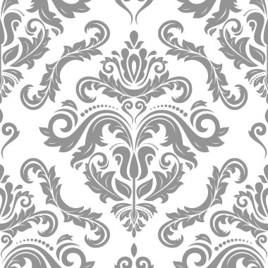 Klasik dikişsiz gri ve beyaz desenli vektör. Damask oryantasyon süsü. Klasik klasik klasik arka plan. Kumaş, duvar kâğıtları ve ambalaj için doğu deseni