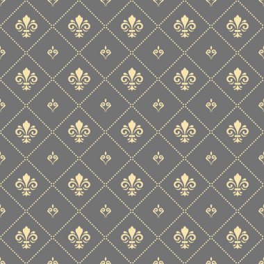 Kusursuz gri ve altın desenli vektör. Kraliyet zambaklarıyla modern geometrik süs. Klasik arkaplan