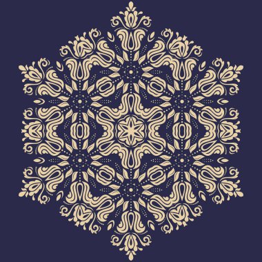 Yuvarlak lacivert ve altın yuvarlak taşıyıcı kar tanesi. Soyut kış süsü. Kar taneli desen