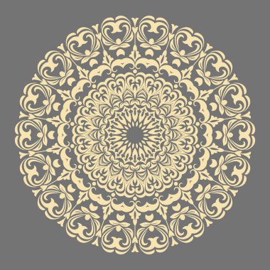 Arabesk ve çiçeklerle süslenmiş doğu vektör süsü. Geleneksel yuvarlak altın süs. Arabesk ile klasik desen